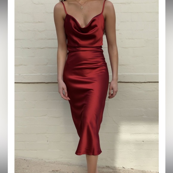 Velvi Dresses & Skirts - Velvi Deep Red Satin Midi Dress Cowl Neck. Size 4